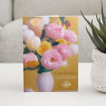 Cartão Adicionar logotipo Flores Amarelas Cor-de-rosa - D<br><div class="desc">Personalize este cartão corporativo clássico online e deseje a seus clientes, funcionários e parceiros comerciais um aniversário muito feliz com este rico buquê botânico rosa e amarelo de flores em um cartão de aniversário feliz de pintura a óleo de vaso. No lado frontal e no dentro está o texto personalizado...</div>