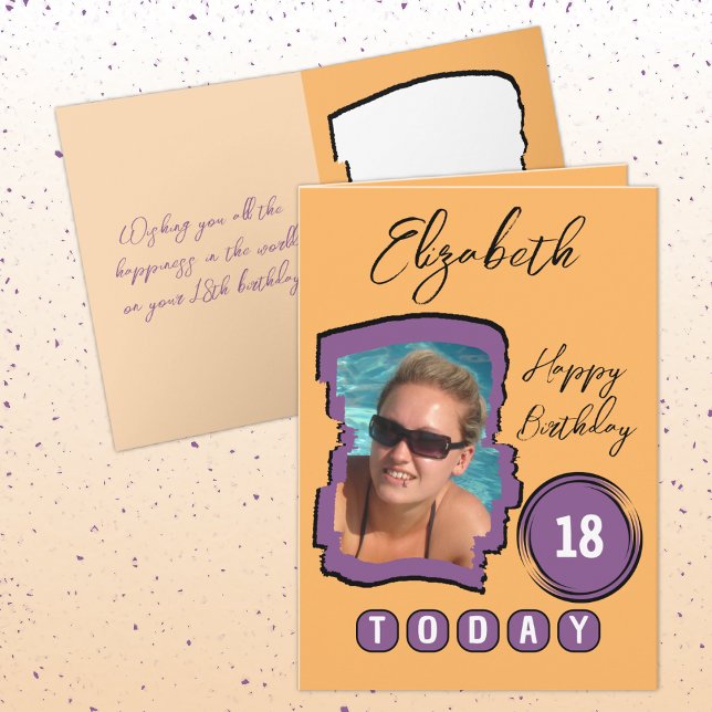 Cartão Adicionar nome foto laranja roxo 18º aniversário (Criador carregado)