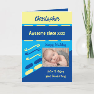 Cartão Adicionar o nome do ano de fotografia marco azul d