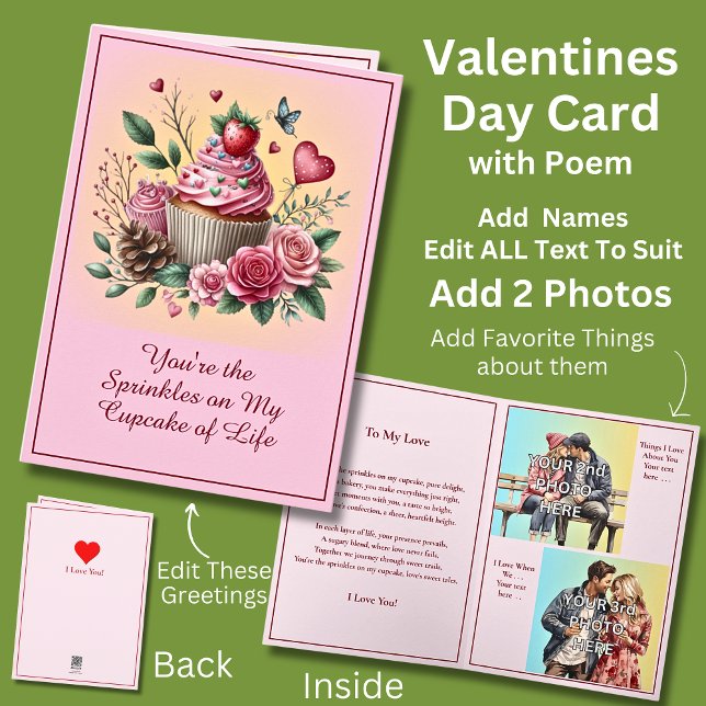 Cartão Adicione 2 Fotos, Confeitos No Cupcake de Valentin (Criador carregado)