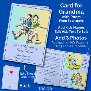 Cartão Adicione 3 fotos para a avó, poema de adolescentes