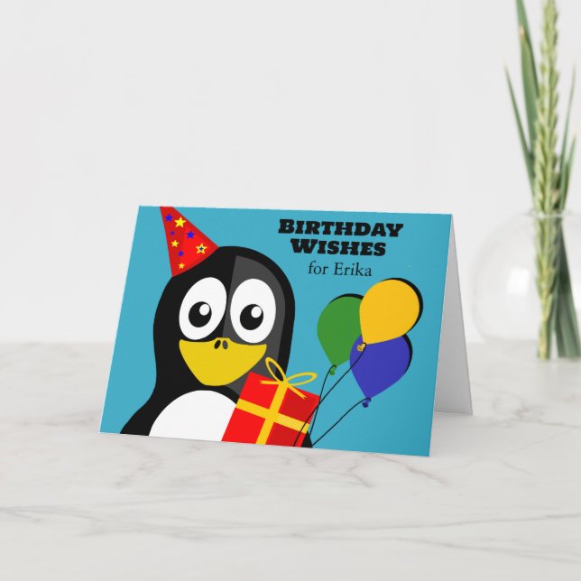 Cartão Adicione um nome Aniversário Deseja com o Pinguim (Frente)