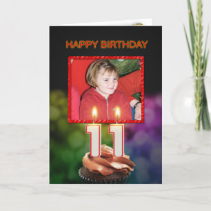 Cartão Adicione uma foto, 11 Aniversário com bolo e vela