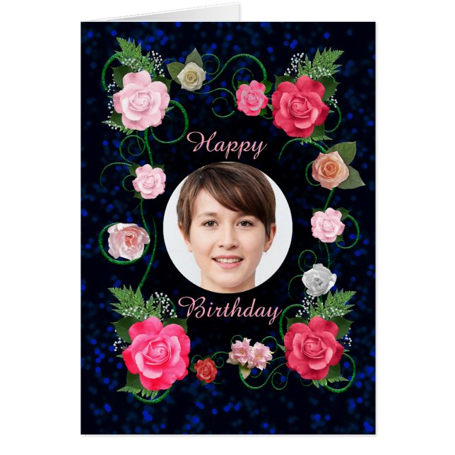 Cartão Adicione uma foto de Rosas bonitas de aniversário (Frente)