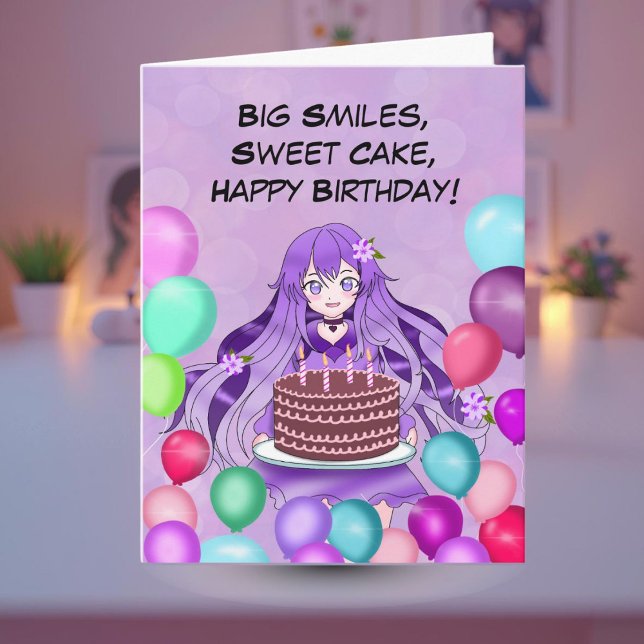 Cartão Adolescente Anime Roxa Segurando Bolo de Aniversár (Criador carregado)
