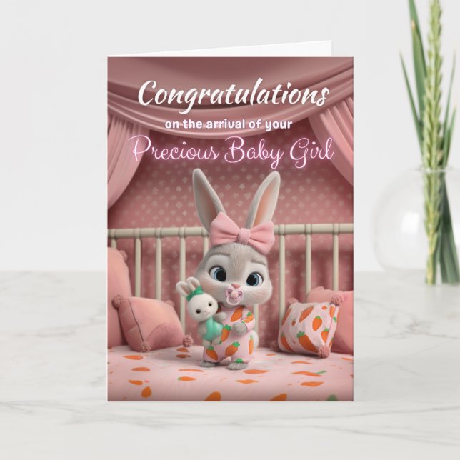 Cartão Adorable Baby Bunny in Pink Congrats New Baby Girl (Frente)