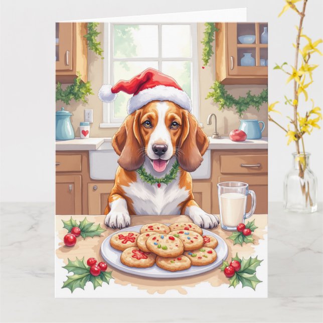 Cartão Adorable Basset Hound Sneaking Christmas Cookies (Flor Amarela)