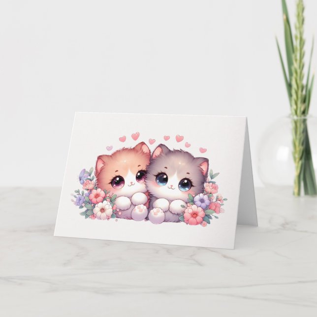 Cartão Adorable Blushing Kitten Pair Heart & Floral Blank (Frente)