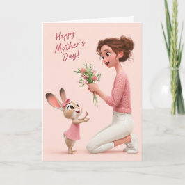Cartão Adorable Bunny Gives Flowers for Mother’s Day Card