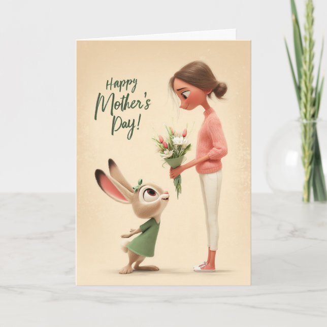 Cartão Adorable Bunny Giving Flowers Mother's Day Card (Frente)