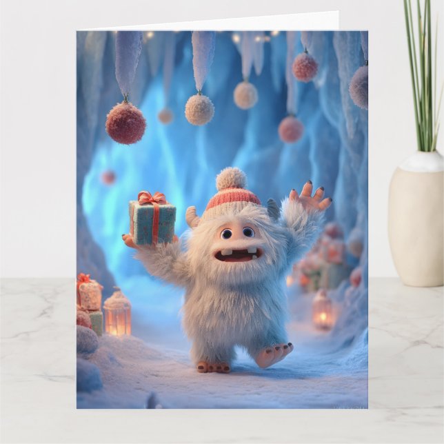 Cartão Adorable Fluffy Yeti Creature Celebrating (Frente)
