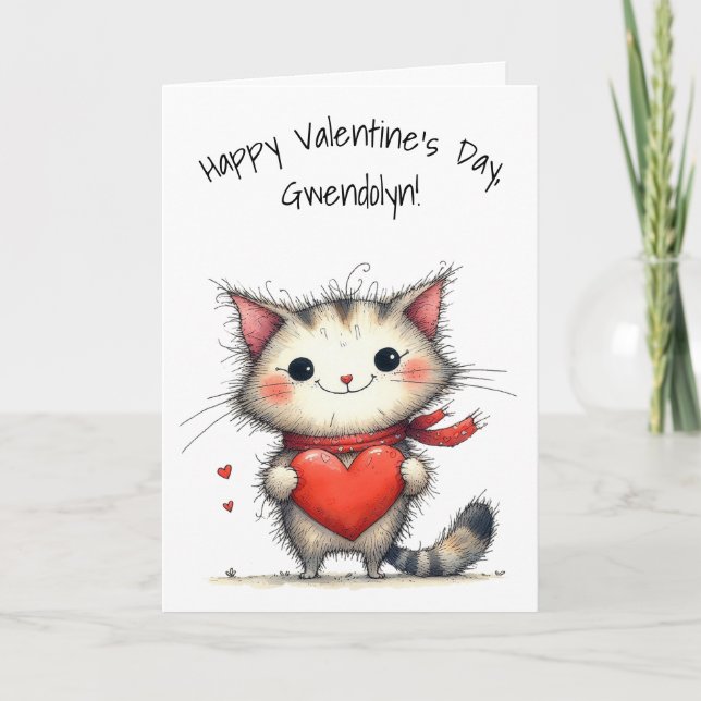 Cartão Adorable Gray and White Cat Happy Valentine's Day (Frente)