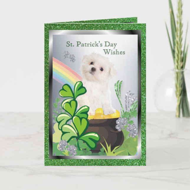 Cartão Adorable Maltese Puppy - St. Patrick’s Day Message (Frente)