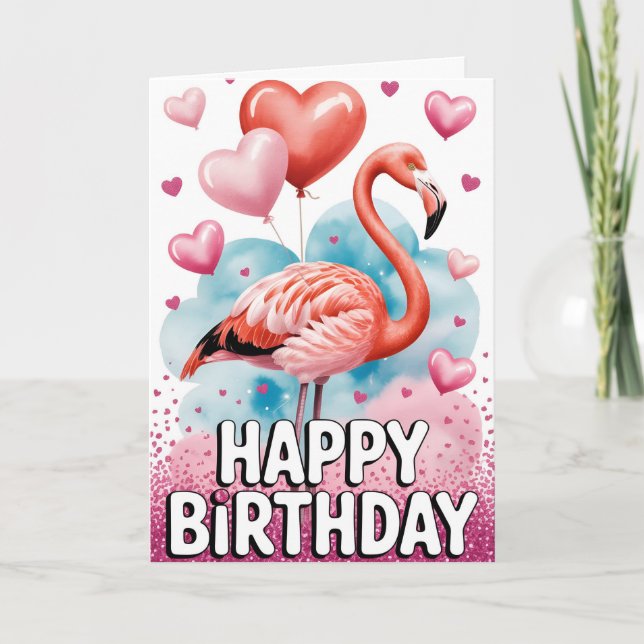 Cartão Adorable Pink Flamingo with Heart Balloons (Frente)