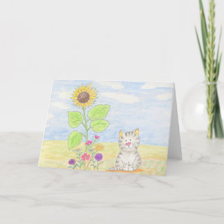 Cartão Adorable tabby kitten sunflower watercolor card