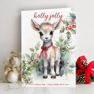 Cartão Adorável Aquarela Bebê Cabra de Natal