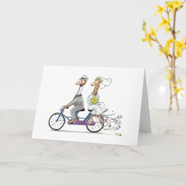 Cartão adorável casal de girafa de casamento na bicicleta (Flor Amarela)