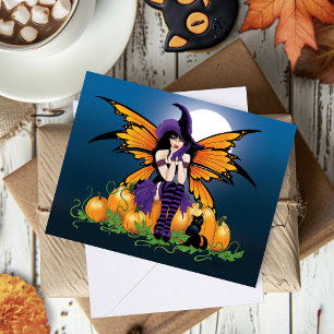 Cartão Adorável Fada de Halloween com Abóbora e Gato Pret