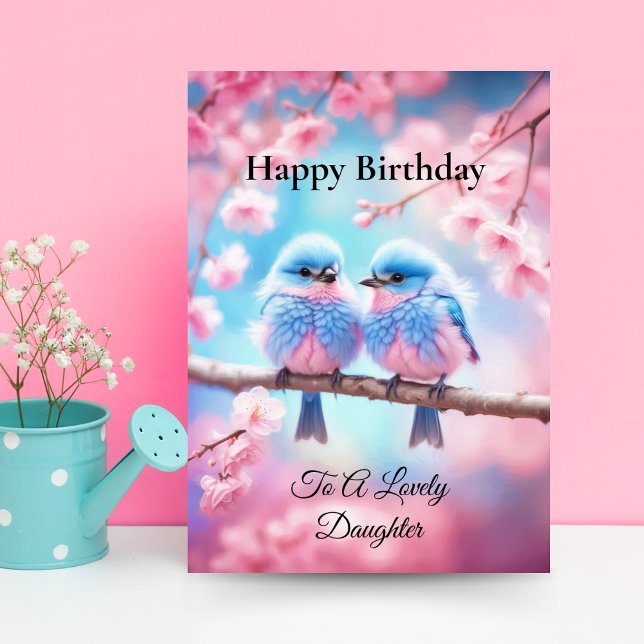 Cartão Adorável Filha Pastel Fluffy Bluebird Aniversário (Charming daughter's birthday: Fluffy bluebirds and cherry blossoms in pastel hues.)
