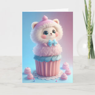 Cartão Adorável gatinho branco assando cupcakes em branco