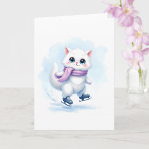 Cartão Adorável Gatinho Branco de Inverno Patinando no Ge