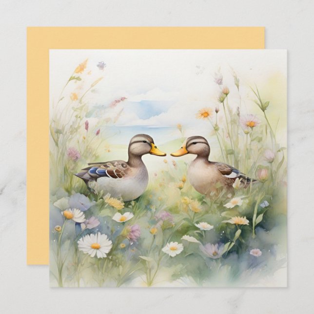 Cartão Adorável Pato Aquarela Bico a Bico Branco  (Frente/Verso)