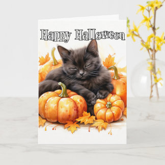 Cartão Adorável Pequeno Gato Preto de Ninho | Halloween
