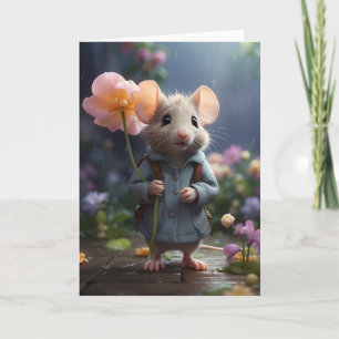 Cartão Adorável Rato Grande Ilustração de Flor em Branco