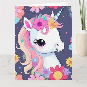 Cartão Adorável White Baby Unicorn com Flores