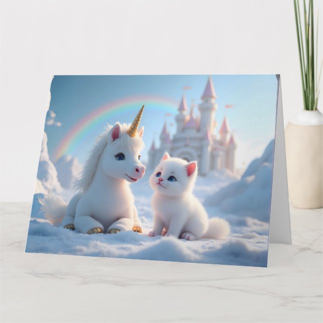 Cartão Adorável White Kitten e Baby Unicorn (Frente)
