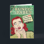 Cartão Adventures of Bunco Babes #3 - Karen was shocked!<br><div class="desc">Add a bit of humor to your day with this Bunco inspired design. Bunco card features an old school style comic book cover. Design features a retro style women. "Karen was shocked to learn that she did not have the most Bunco's. Funny Bunco card is great as an invitation, birthday...</div>