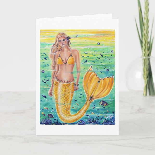 Cartão Aelia Yellow Mermaid art Por Renee L. Lavoie (Frente)