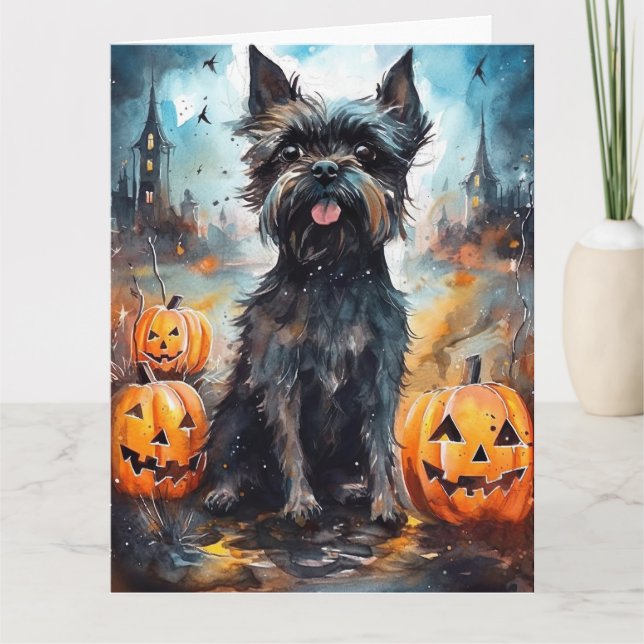 Cartão Affenpinscher de Halloween com Abóboras Assustador (Frente)