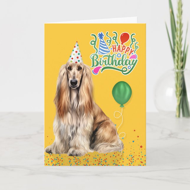 Cartão Afghan Hound Dog in a Party Hat on Yellow Birthday (Frente)