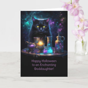 Cartão Afilhada Feliz Halloween com Gato Mágico Fofo