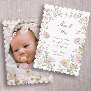 Cartão Agradecimento de Batismo Quadro Floral Blush