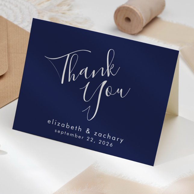 Cartão Agradecimento de Casamento Azul Marinho em Script  (Criador carregado)