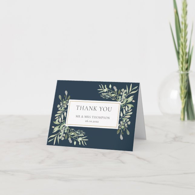 Cartão Agradecimento de casamento com folhas de verde mod (Frente)