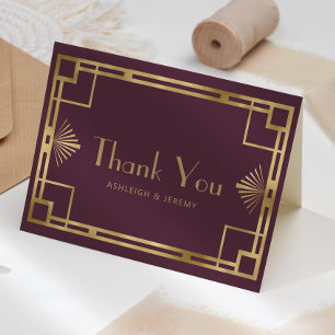 Cartão Agradecimento de casamento dourado burgundy Deco v