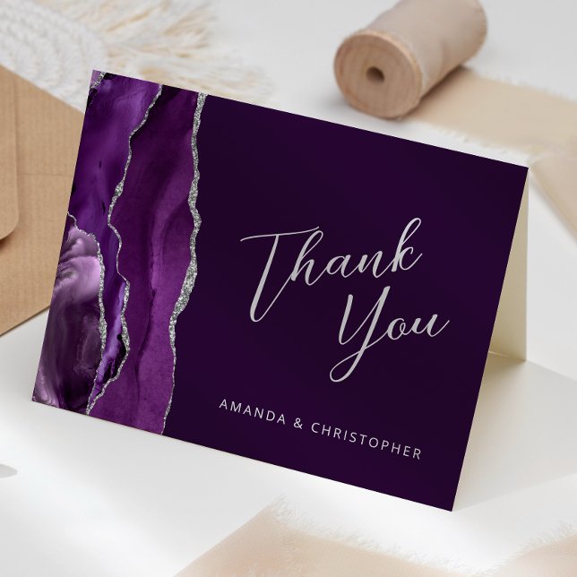 Cartão Agradecimento de Casamento em Roxo Prata com Calig (Criador carregado)