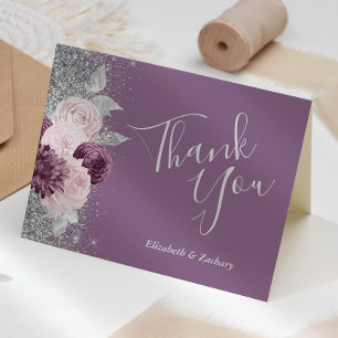 Cartão Agradecimento de Casamento Floral Rosa Bege Prata