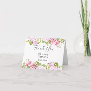 Cartão Agradecimento de casamento floral verde com rosa a