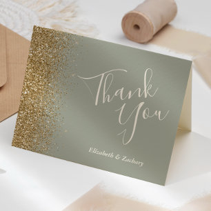 Cartão Agradecimento de Casamento Verde Sage com Brilho D