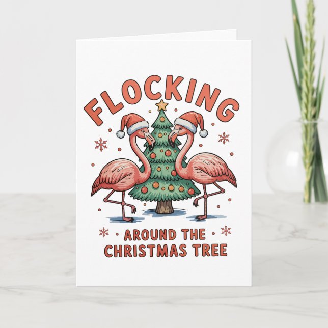 Cartão Agrupando-se em torno da Árvore de Natal Flamingo  (Frente)