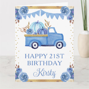 Cartão Aguarela Abóbora Floral Azul Caminhão Aniversário