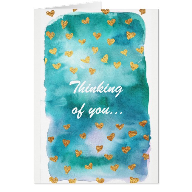 Cartão Aguarela azul, com corações Dourados (Frente)