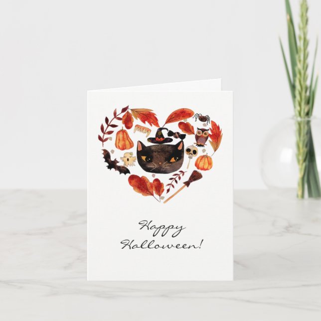 Cartão Aguarela do gato preto do partido do Dia das (Frente)