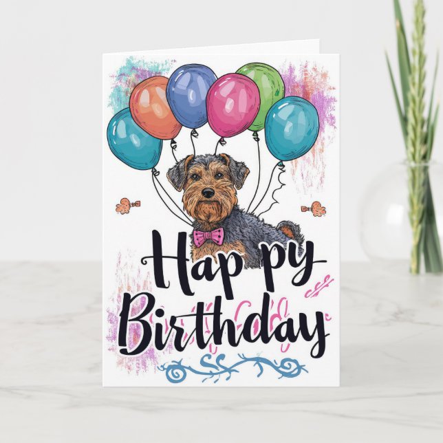 Cartão Airedale com Balões de Aniversário (Frente)