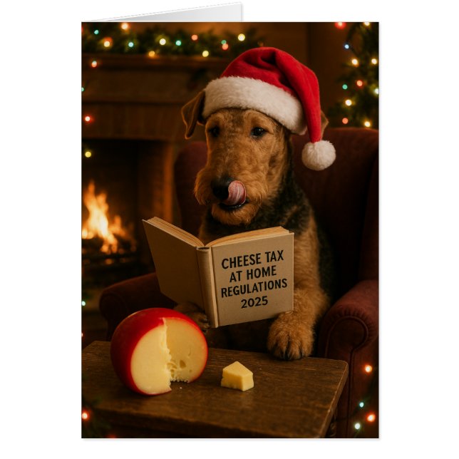 Cartão Airedale Terrier 'Cheese Tax' Christmas card (Frente)