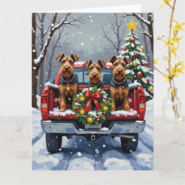 Cartão Airedale Terrier Christmas Red Truck Holiday (Flor Amarela)
